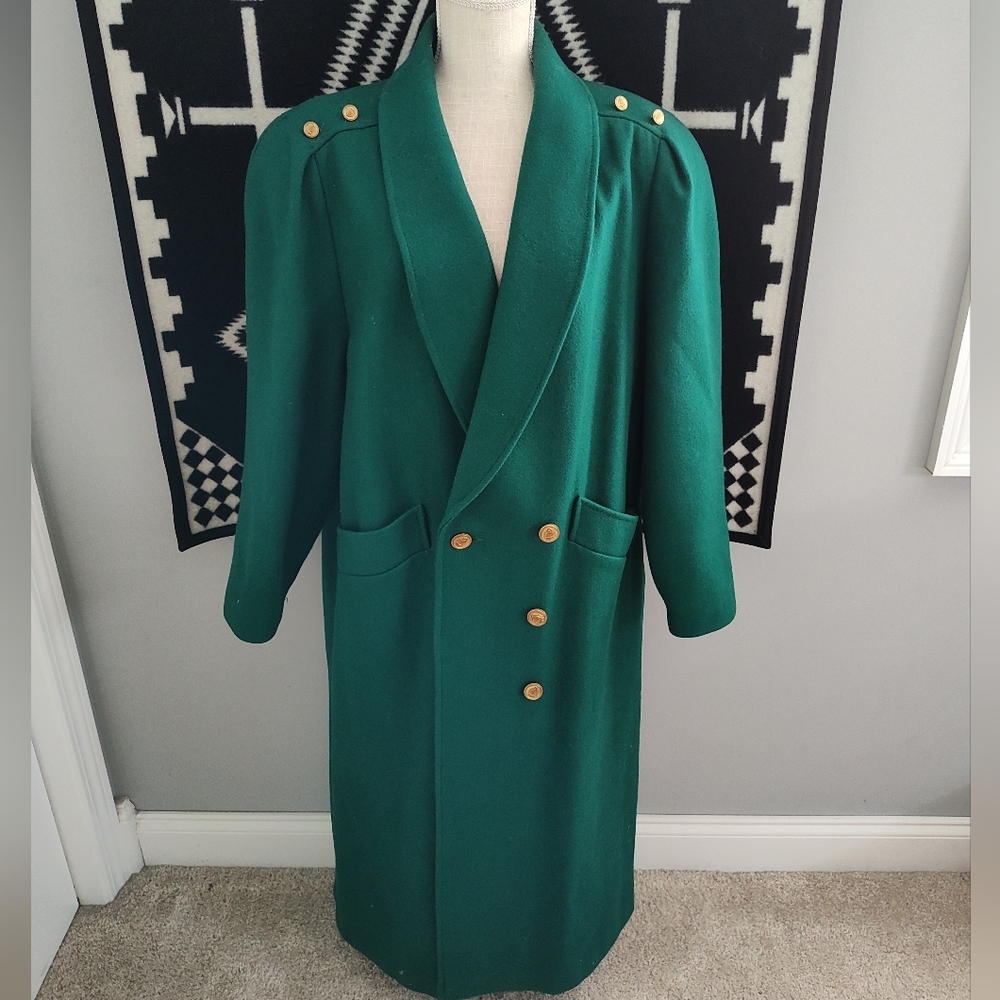 EUC Vintage 90's Jofeld Wool Blend Trench Overcoat, Emerald Green/Gold, Large